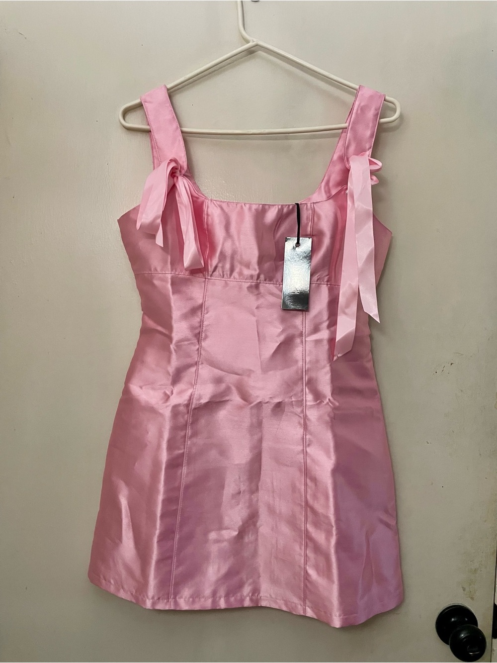 Dolls Kill Current Mood Pink Satin Mini Dress with Tie Straps size small NWT